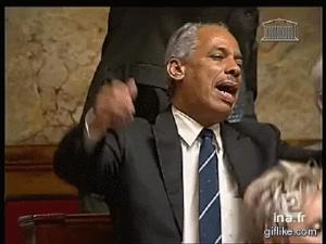 Gif avec les tags : assemblée,chahut,costume,cravate,debout,noir,non,parlement,protester